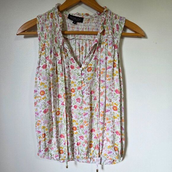EUC RACHEL ZOE SPLIT V NECK SOFT FLORAL TANK TOP SMOCKED SIZE M - Picture 1 of 16